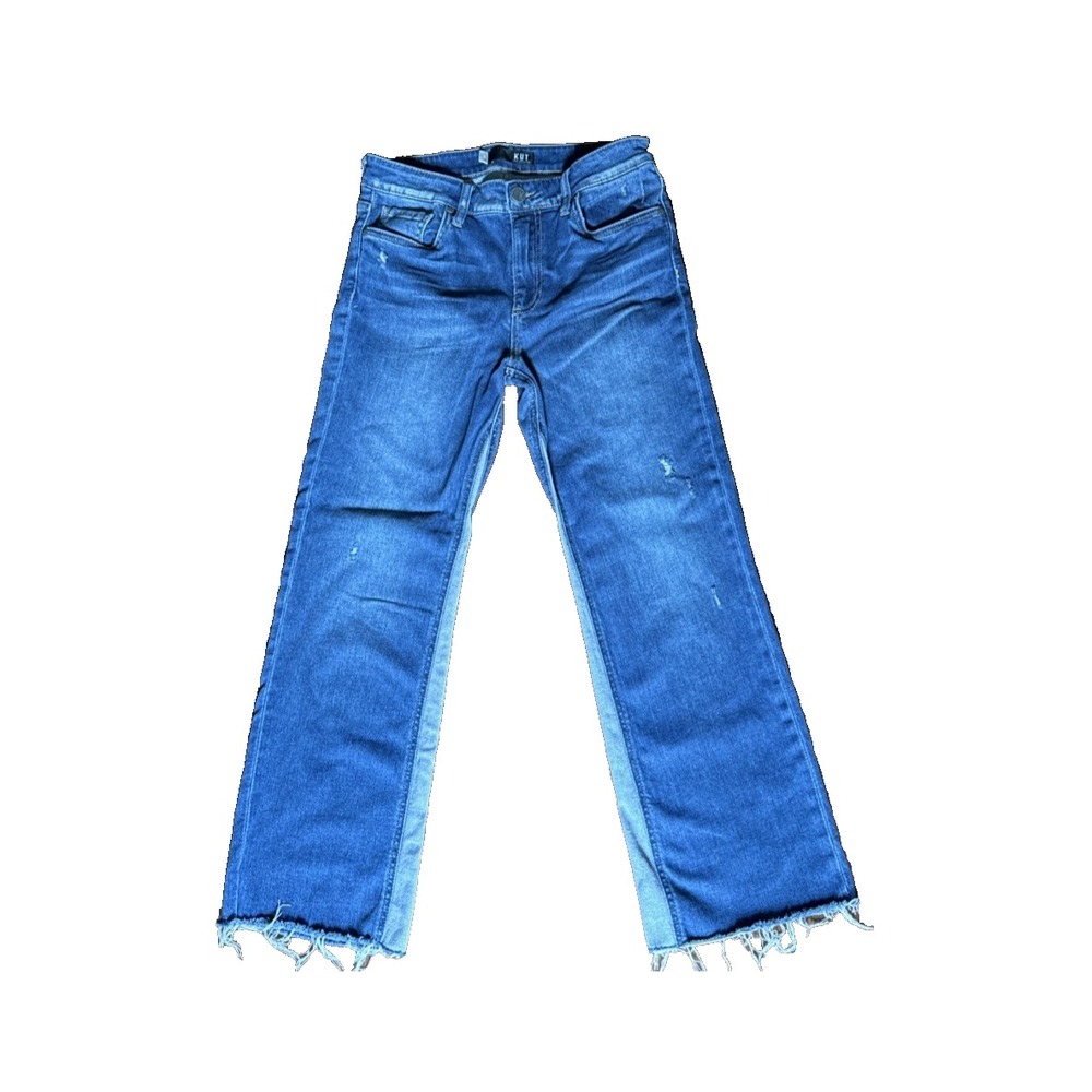 KUT Jeans Womens 6 blue color block Straight Distressed Detailing Fun SOHO BOHO